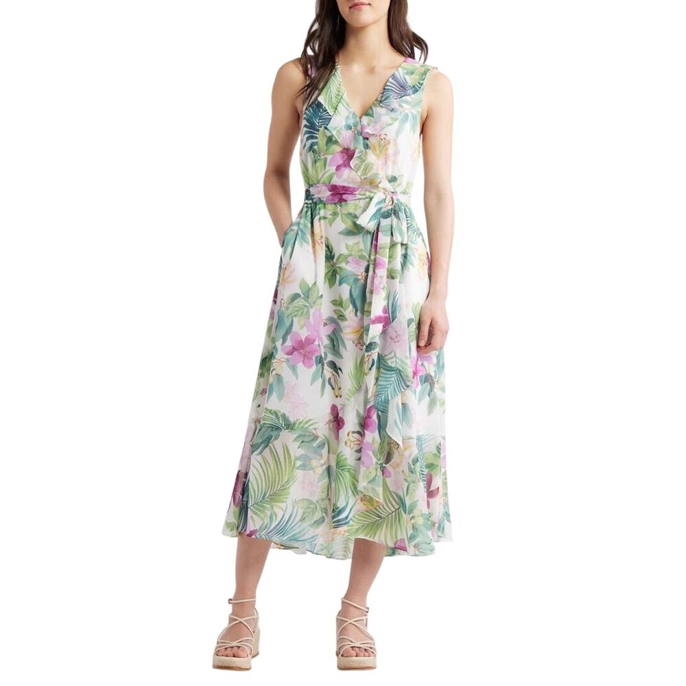 Tommy Bahama $198 Tropical Bliss Floral Tie Waist Faux Wrap Maxi Dress L
